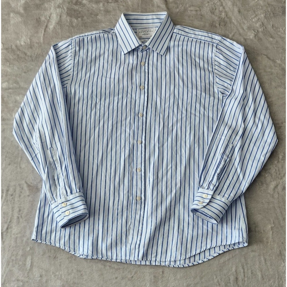 Charles Tyrwhitt Shirt Men 17-35 Blue White Dress Extra Slim Fit Stripe